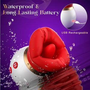 Waterproof rose tongue sucking vibrator with 10 vibration modes, USB rechargeable liquid silicone adult toy for women