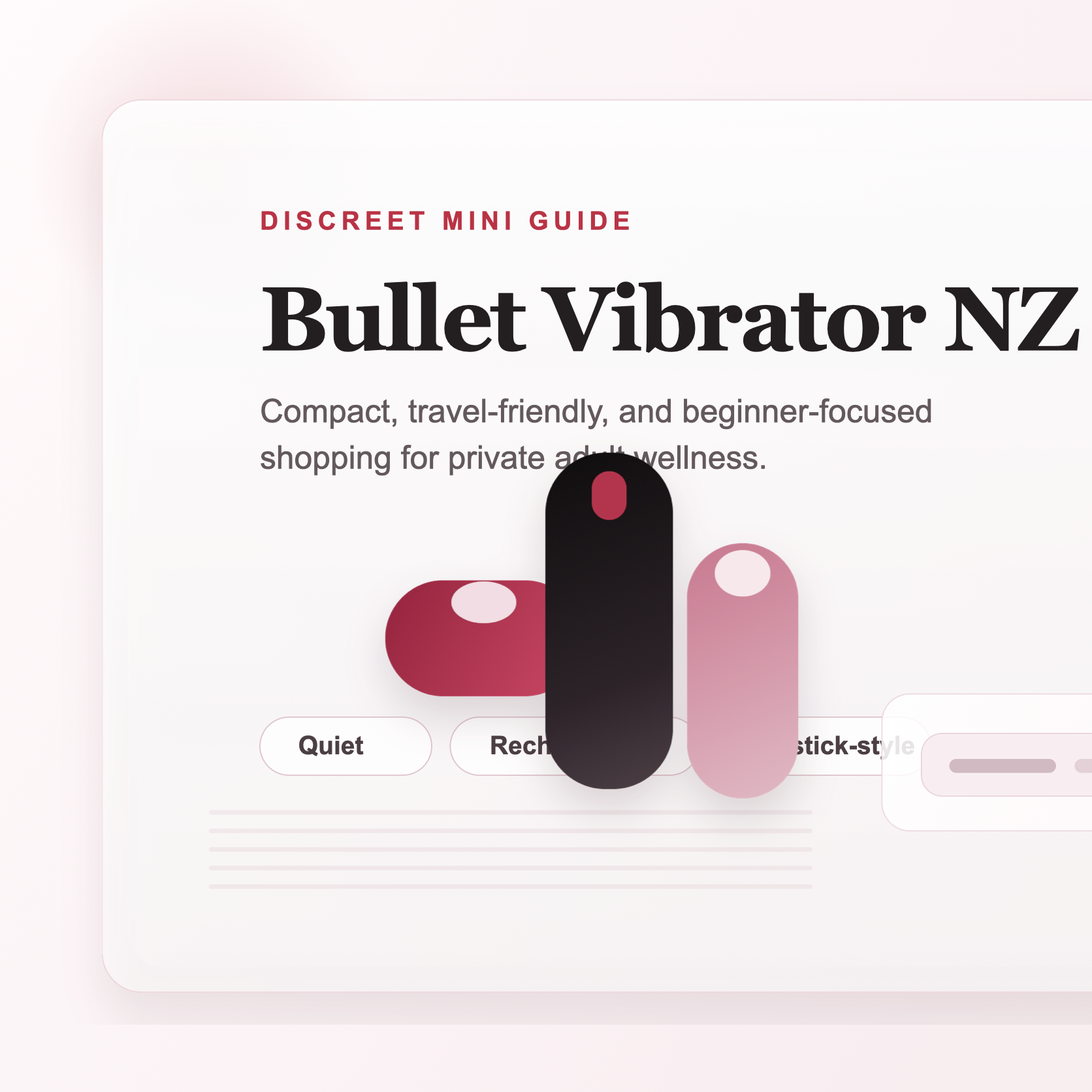 Elegant bullet vibrator buying guide with lipstick-style devices, a soft travel pouch, and discreet blush-toned packaging