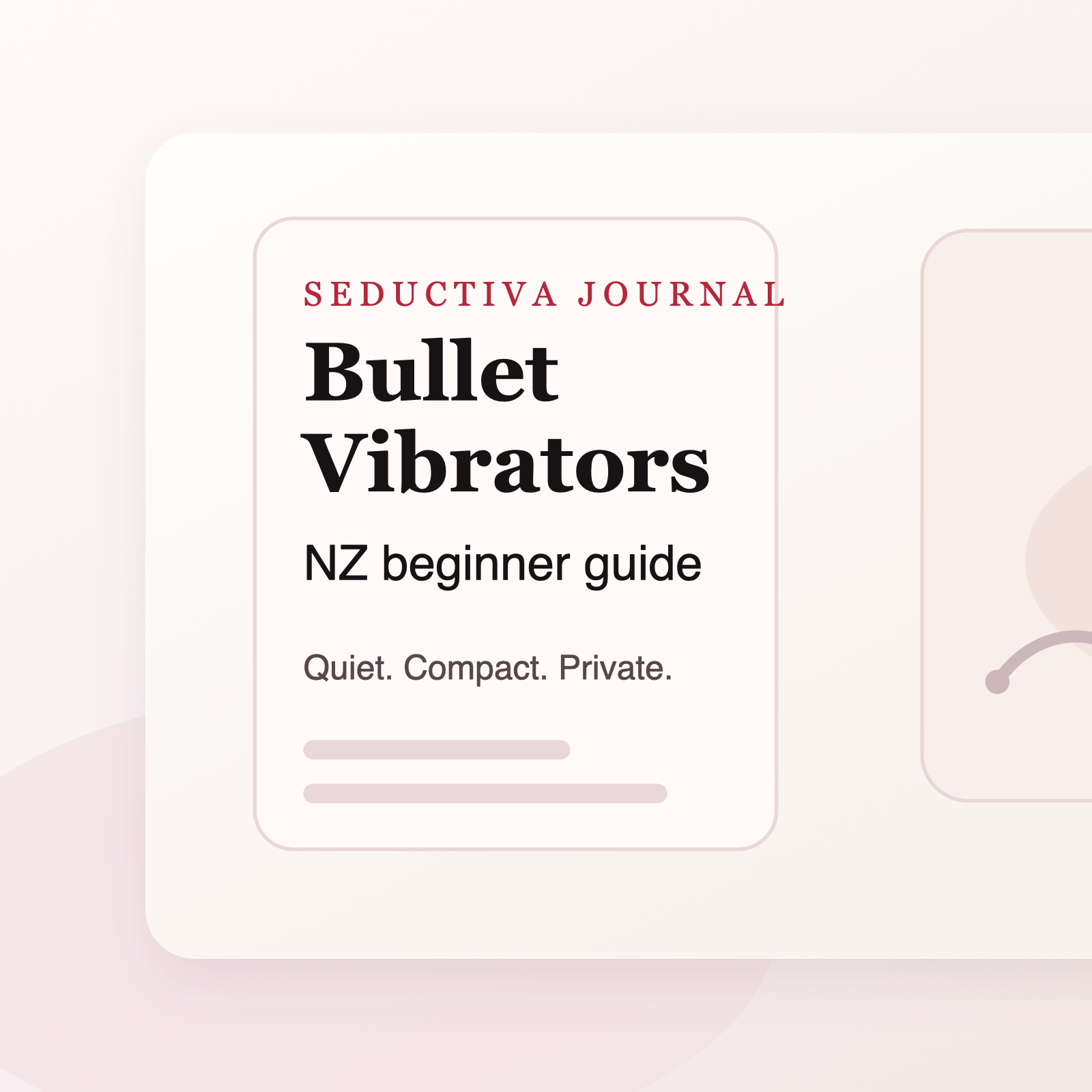 Discreet bullet vibrator shopping guide with a lipstick-style massager, charging cable, and a soft neutral vanity setting