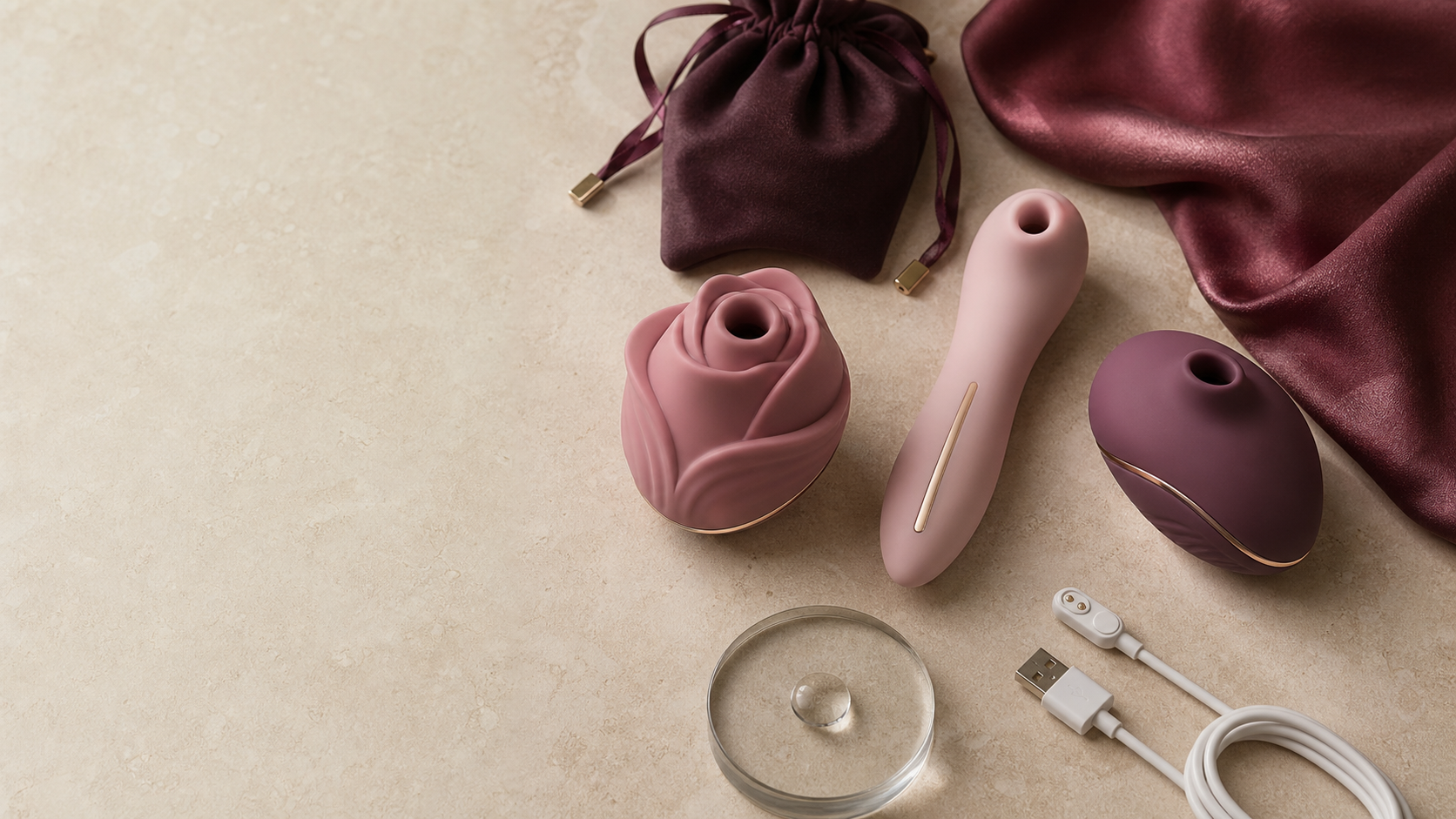 Clitoral suction toys NZ guide with three tasteful air-pulse wellness massagers, charging cable, satin pouch, burgundy fabric, and stone backdrop