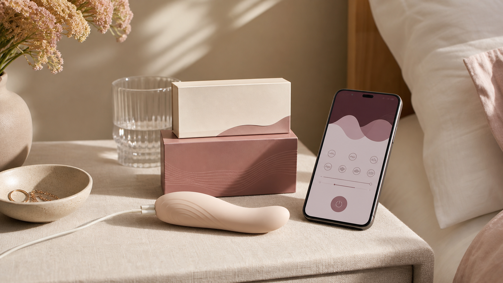 Discreet men's wellness shopping guide with premium boxes, a travel pouch, and a calm bedside setting in soft neutral light