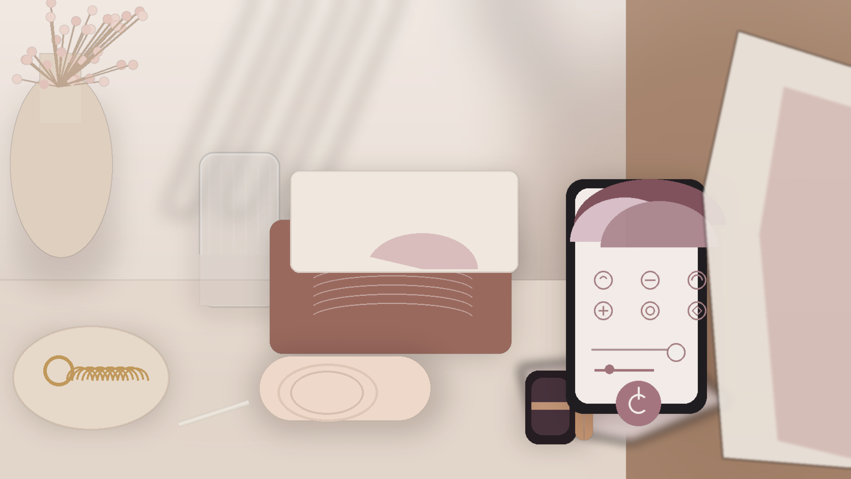 Quiet vibrators NZ guide with discreet compact wellness items, a soft pouch, and a calm neutral bedside setting