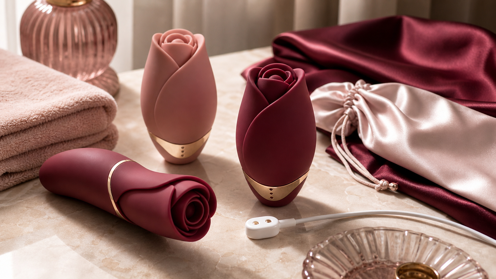 Rose vibrator NZ guide with unbranded rose-style wellness massagers, charging cable, satin pouch and folded towel on a warm stone vanity