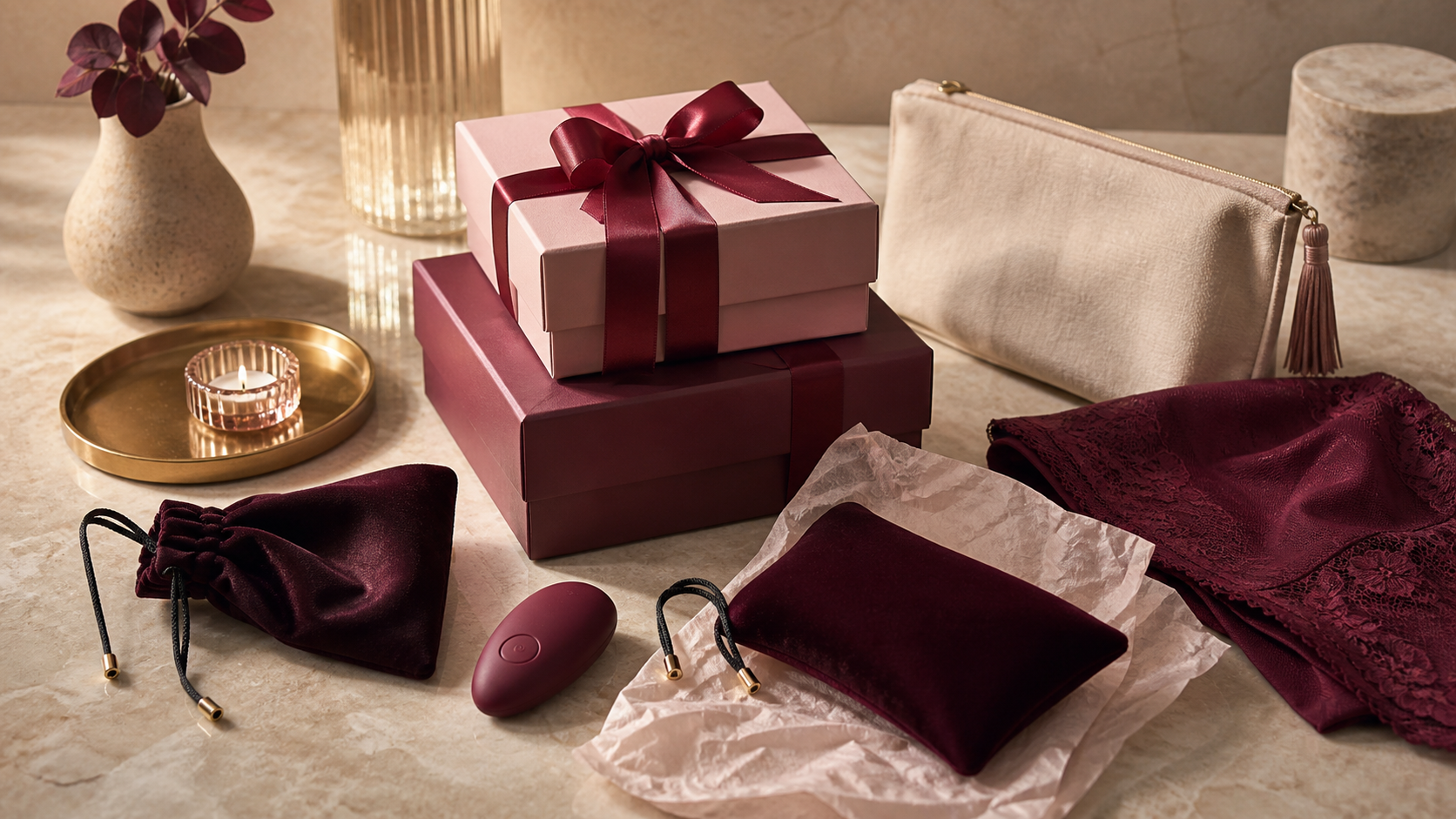 Sex toy gifts NZ guide with tasteful wrapped gift boxes, satin ribbon, a discreet wellness pouch, a remote and soft lingerie fabric on a warm stone vanity