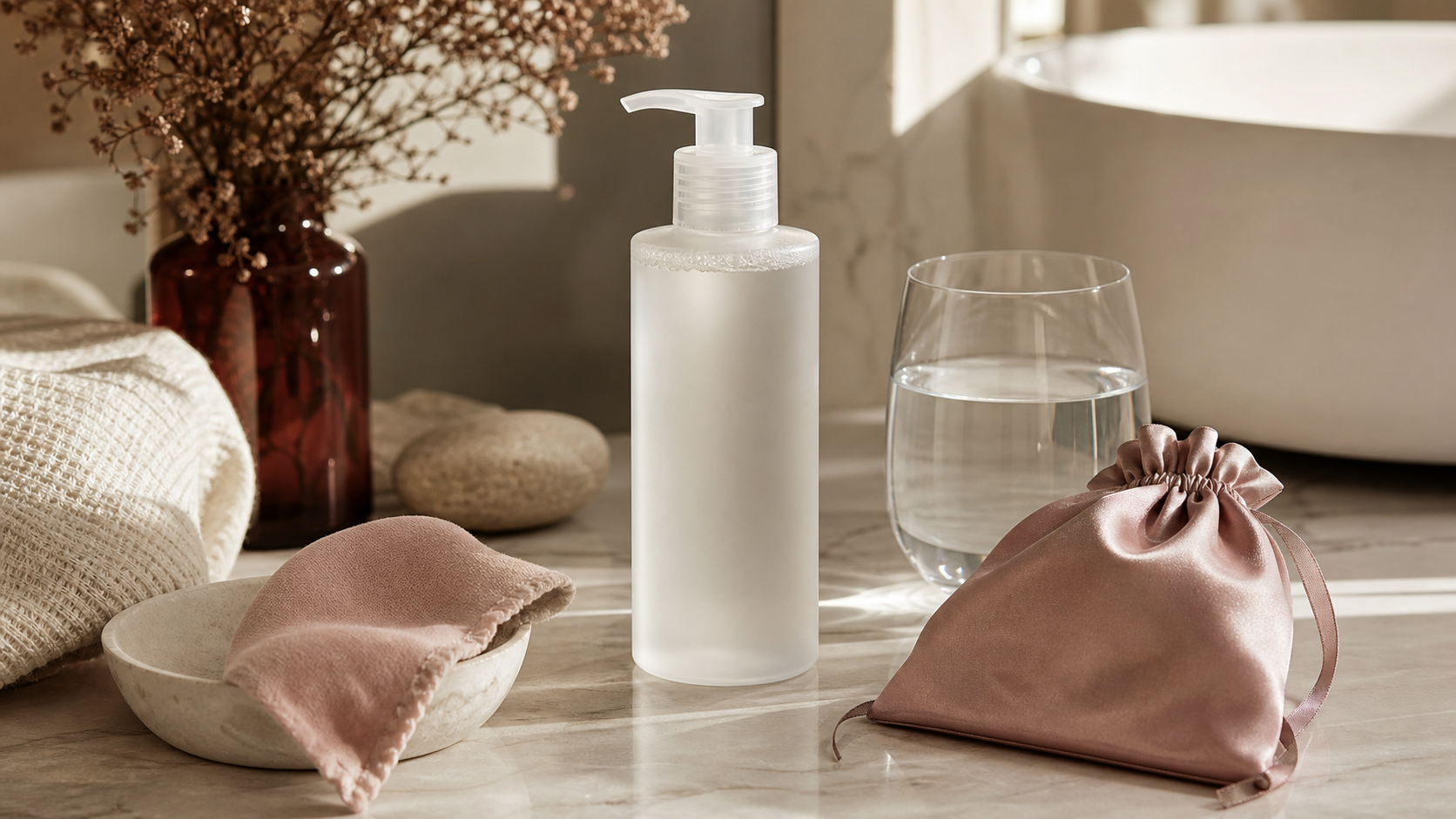 Water-based lubricant NZ guide with an elegant unbranded pump bottle, glass of water, soft towel, satin pouch and warm stone vanity
