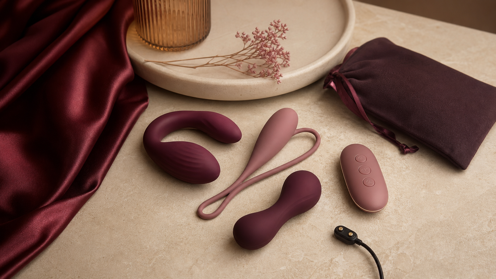 Wearable vibrator NZ guide with unbranded remote-control wellness massagers, a remote, charging cable, satin pouch and burgundy fabric on a warm stone vanity