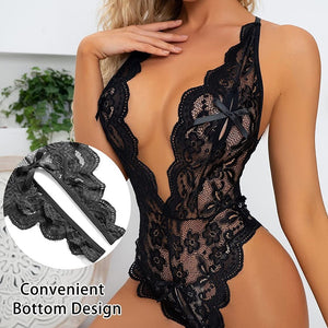 Plunge Neckline Lace Halter Teddy Lingerie - Deep V Plunge Sheer Bodysuit by Seductiva