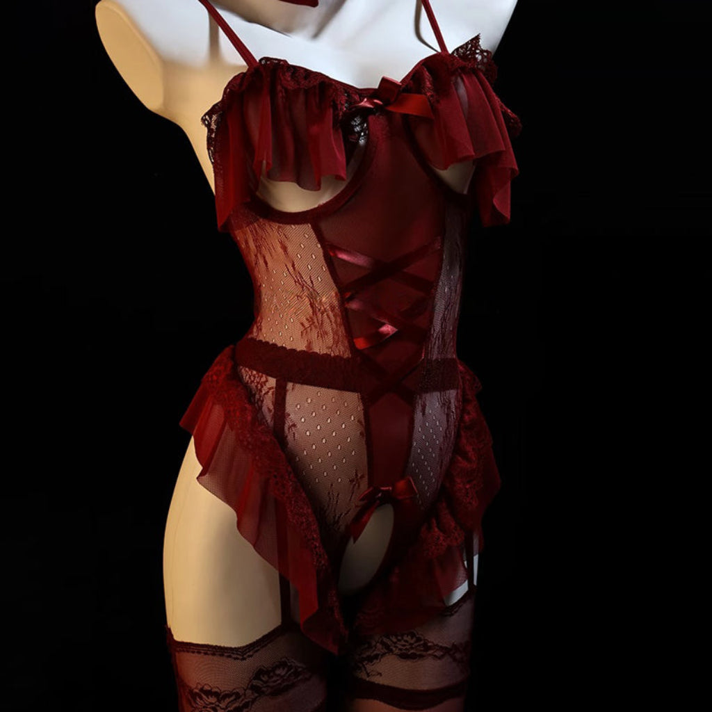 Wine Red Lace Bunny Lingerie Set - Ears & Choker by Seductiva
