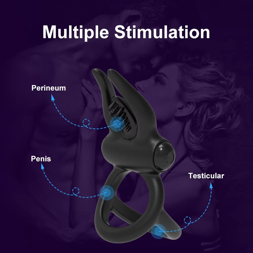 Men's Silicone Cock Ring Vibrator with Bunny Ears Adult Toys for Delay Ejaculation Couples Sex Vibrating Ring