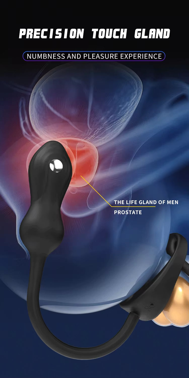 Male SM locking ring scrotal restraint ring vibration and shock anal plug masturbation sex toy Double Cock Ring Vibrating Prostate Massager