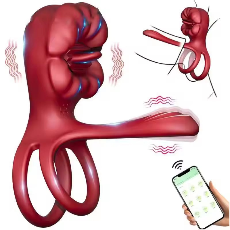Adults Silicone Cock Vibration Penis Rings Stimulating Erection Penis Sex Toys App Controlled Rose Tongue Sucking Anal for Men