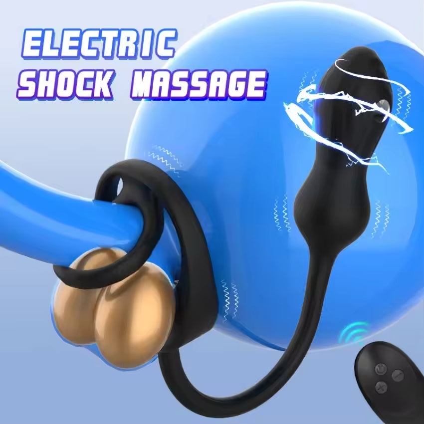 Male SM locking ring scrotal restraint ring vibration and shock anal plug masturbation sex toy Double Cock Ring Vibrating Prostate Massager