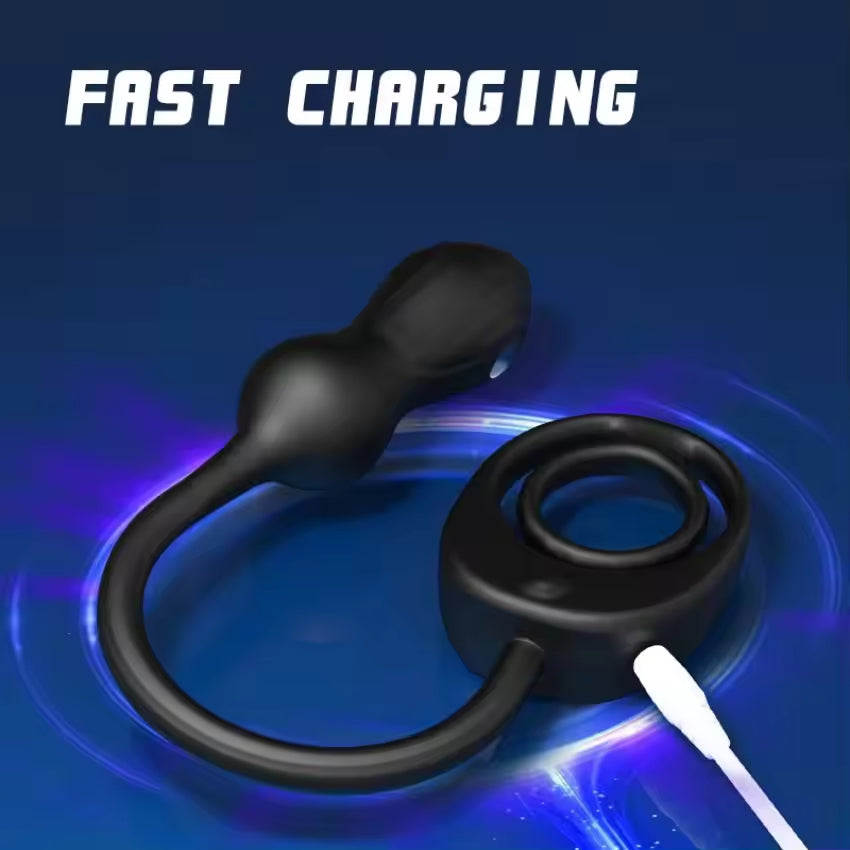 Male SM locking ring scrotal restraint ring vibration and shock anal plug masturbation sex toy Double Cock Ring Vibrating Prostate Massager