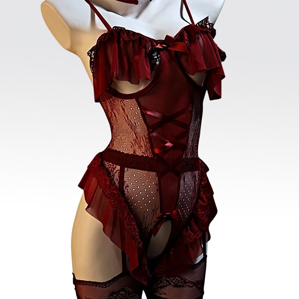 Wine Red Lace Bunny Lingerie Set - Ears & Choker by Seductiva
