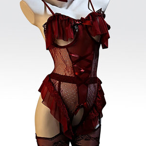 Wine Red Lace Bunny Lingerie Set - Ears & Choker by Seductiva
