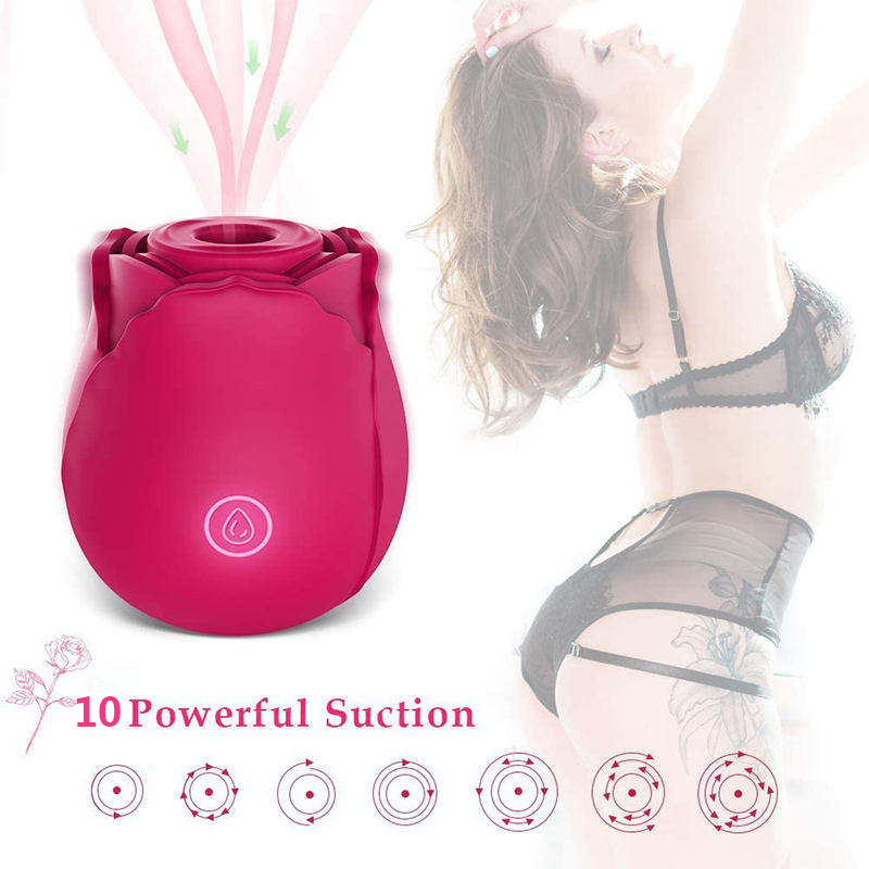 Red rose-shaped suction vibrator, 10 vibration modes, USB rechargeable silicone adult toy